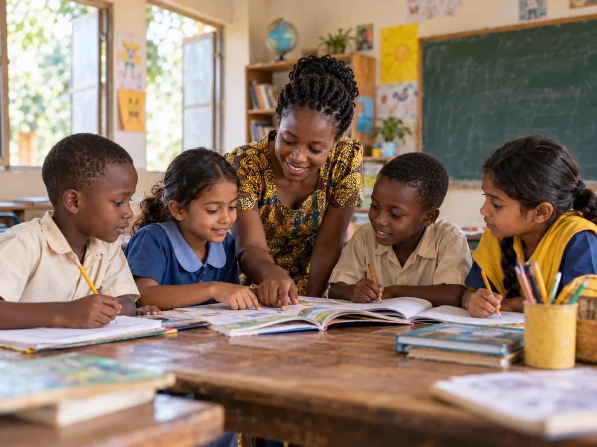 Teacher helping children learn together in a classroom