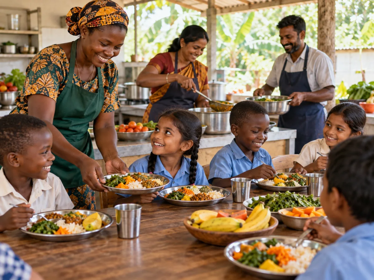 Community members serving nutritious meals to children