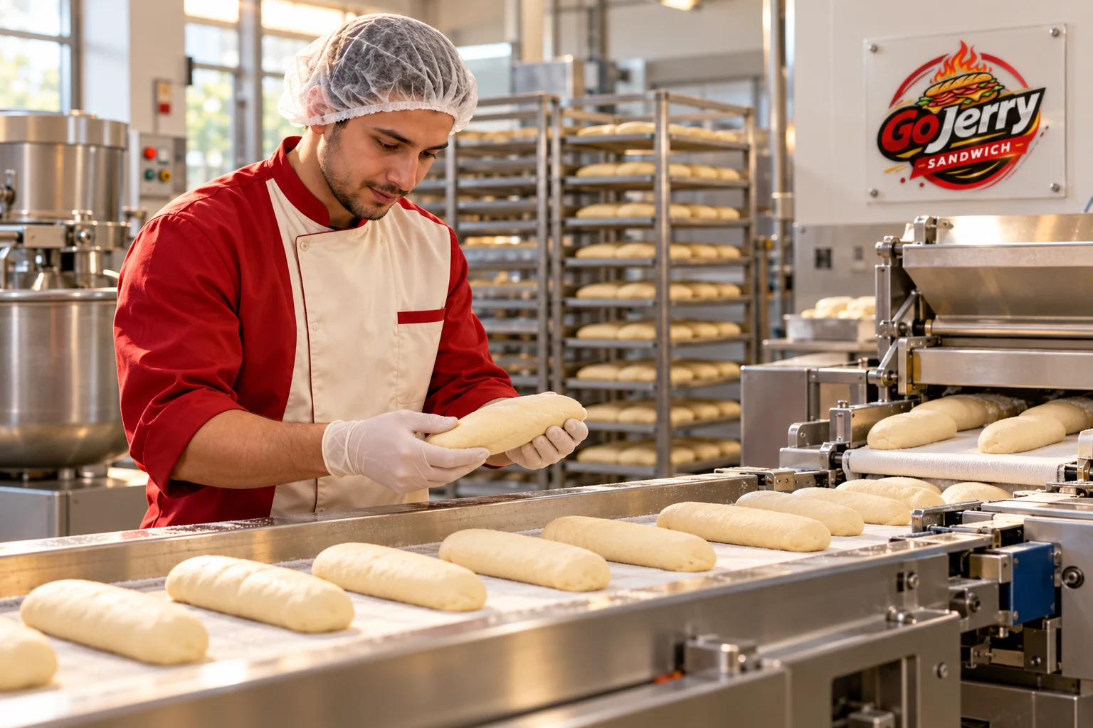 A baker checking freshly shaped GoJerry sandwich rolls before baking