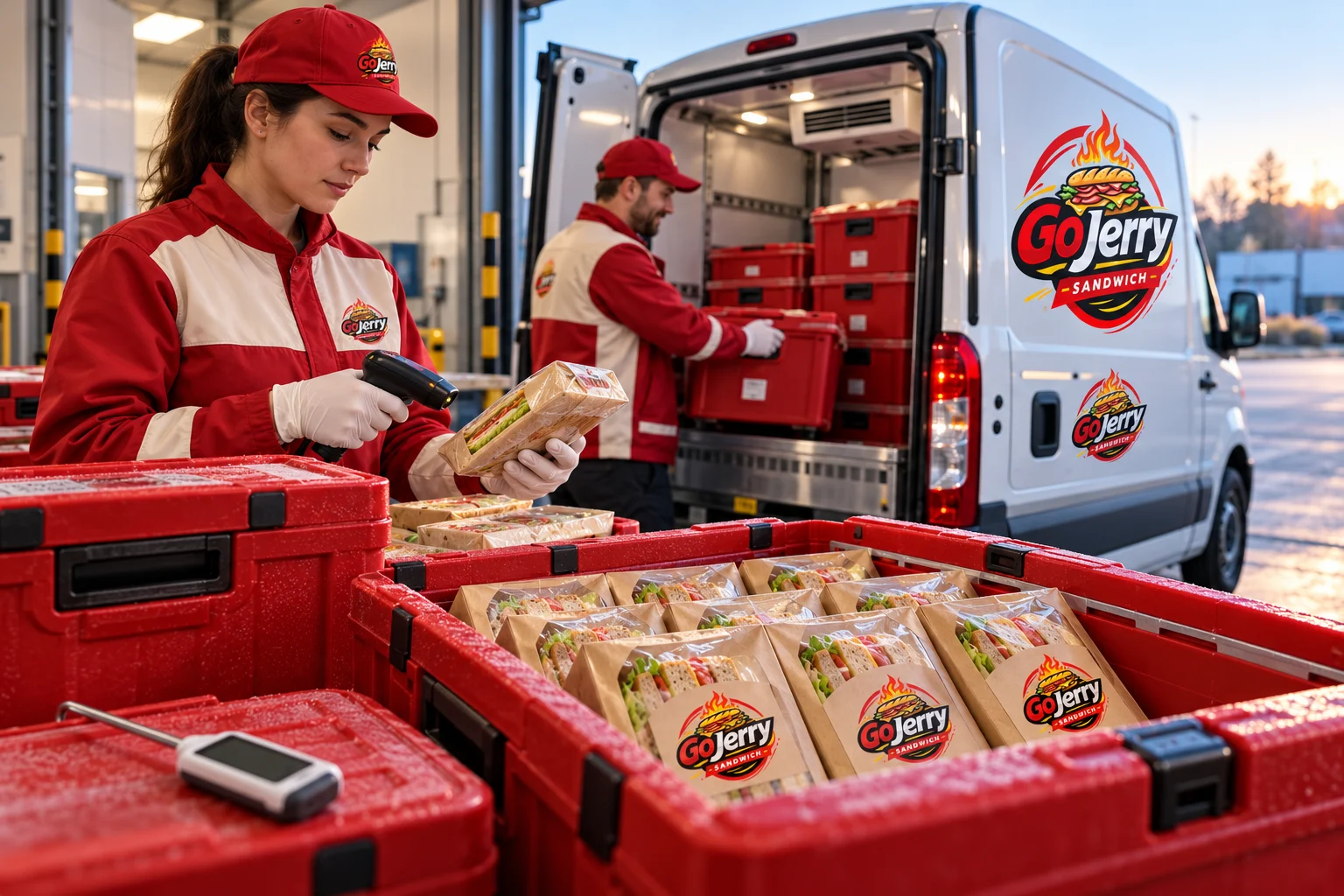 Packaged GoJerry sandwiches being checked and loaded for chilled delivery