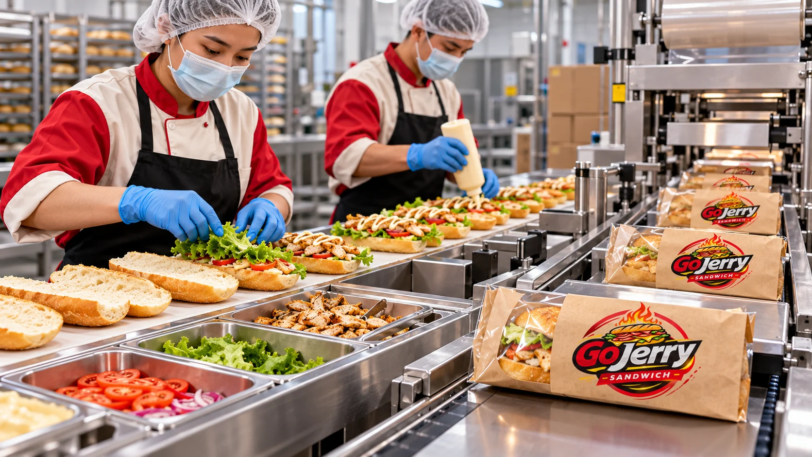 GoJerry sandwiches being assembled and packed on a chilled production line