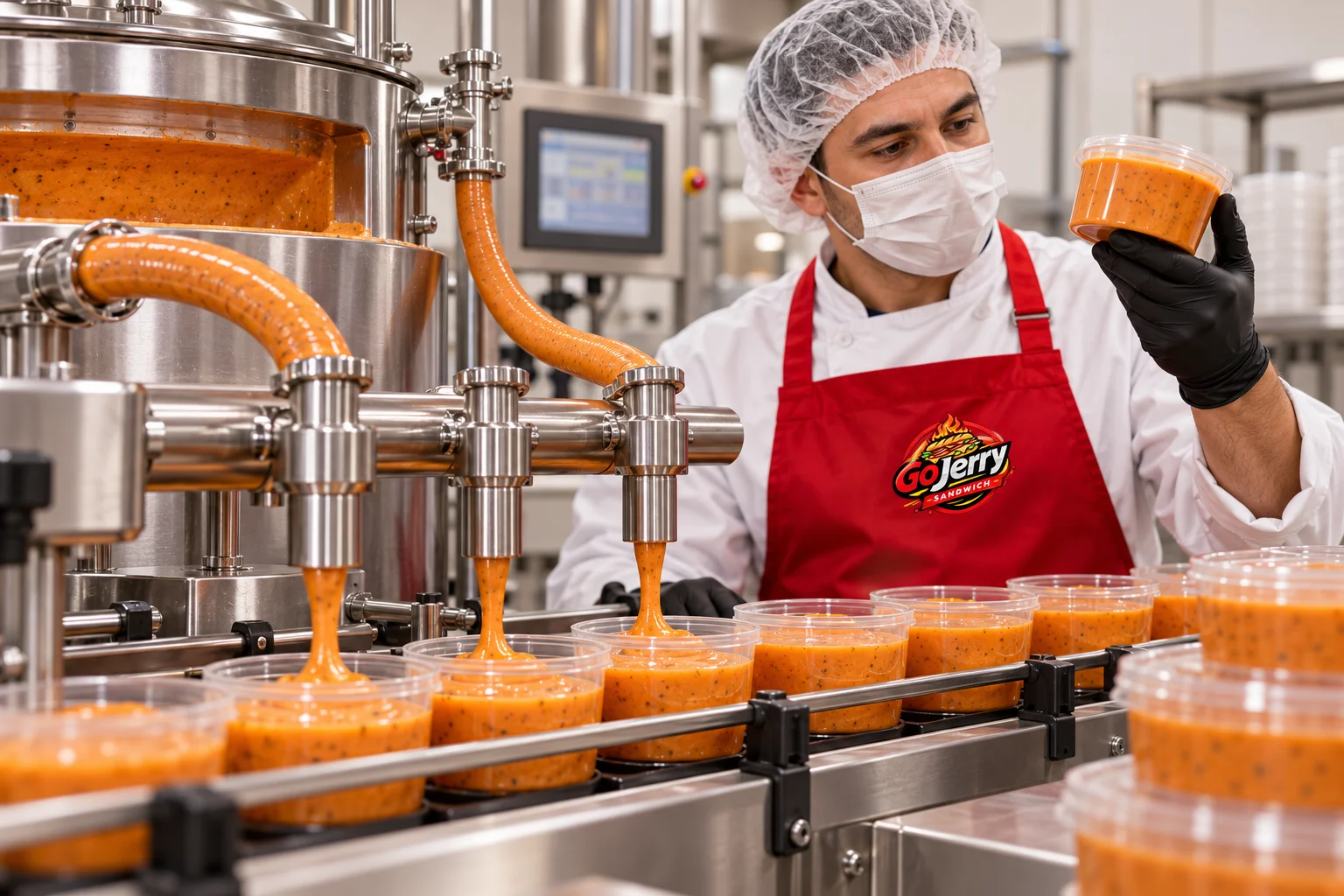 GoJerry signature sauce being portioned into food-service containers