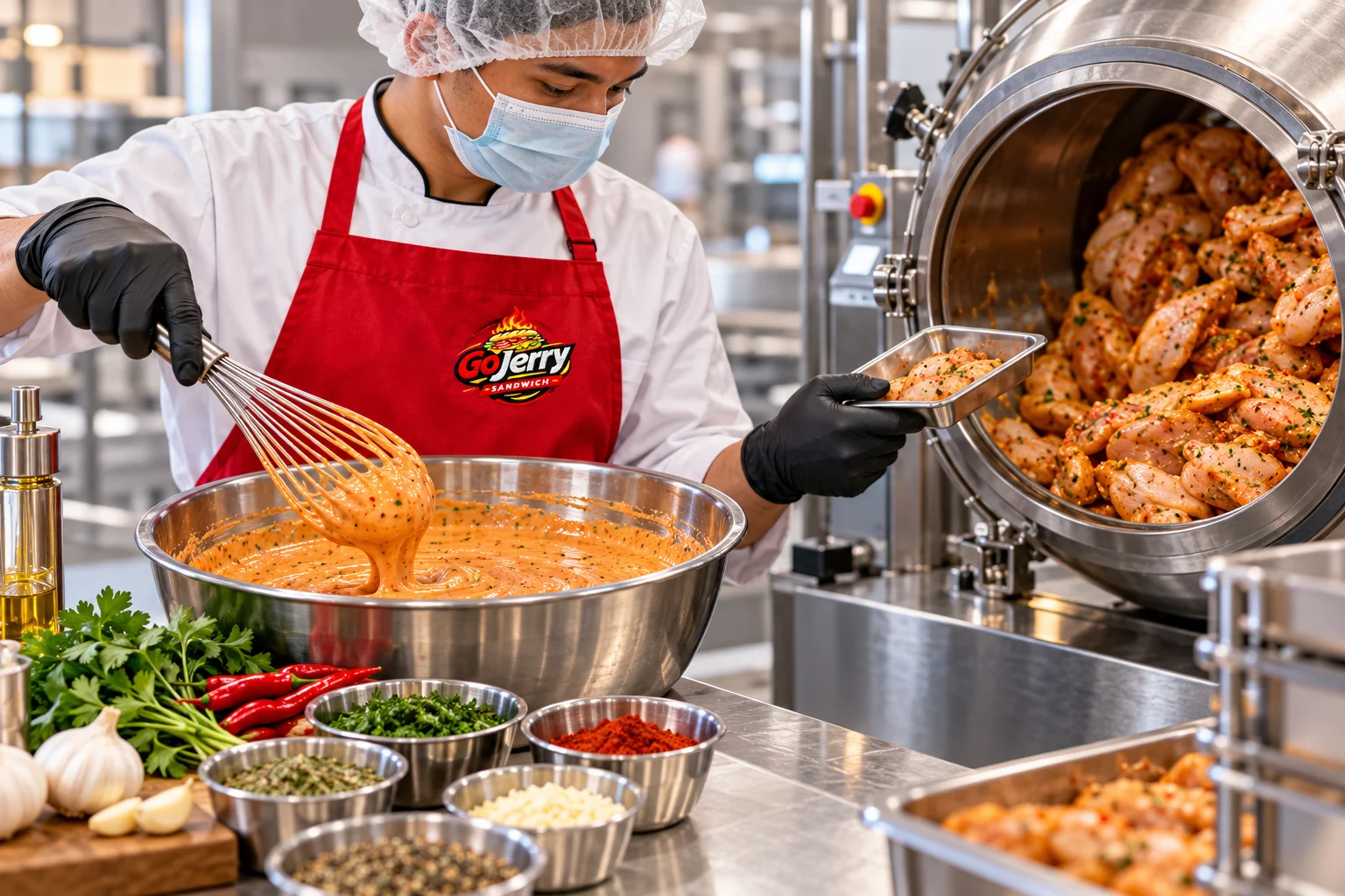Sauce preparation and seasoned chicken marination in the planned GoJerry facility